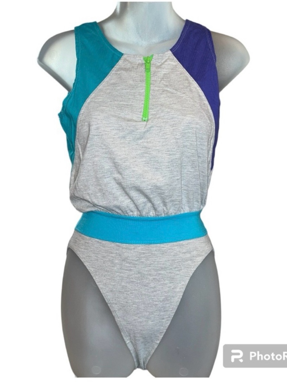 Jacques Moret Gray Vintage Jane Fonda One-Piece with Teal, Purple & Lime Zip S